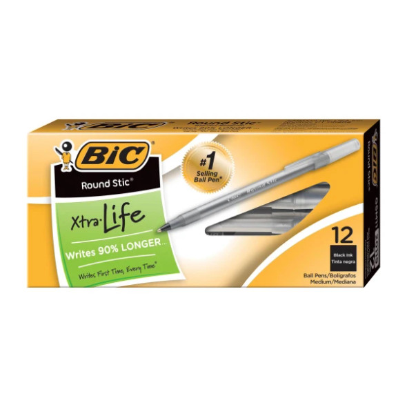 ROUND STIC XTRA LIFE BALLPOINT MED PEN BLACK