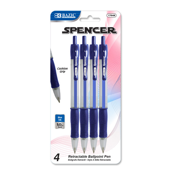 Spencer Blue Retractable Pen w/ Cushion Grip (4/Pack)