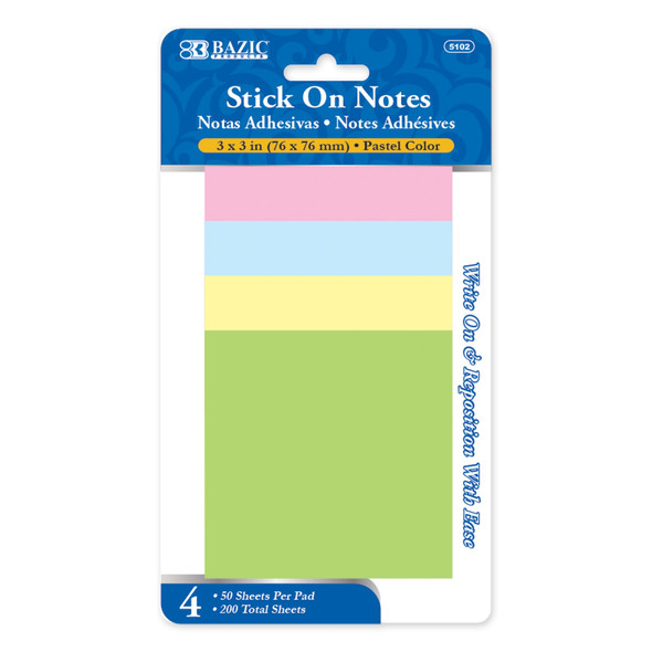STICK ON NOTES 3" X 3" ASSORTED 4/PK