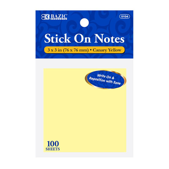 STICK ON NOTES 3" X 3" YELLOW 100 SHEET