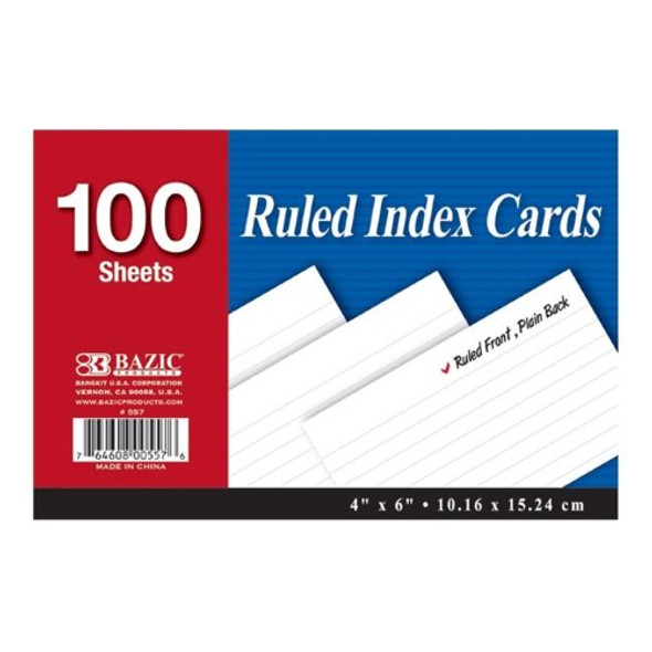 INDEX CARDS RULED WHITE 4" X 6" PQ.100