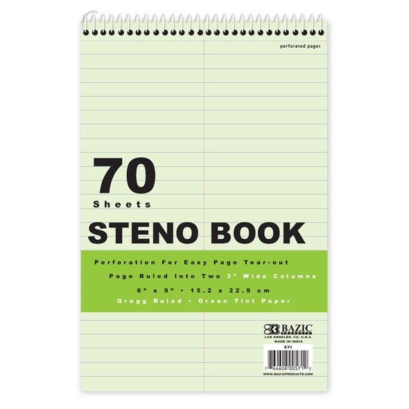 STENO BOOK GREEN RULED 6" X 9" 80 SHEET