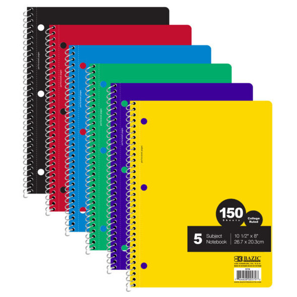 NOTEBOOK SPIRAL C/R 5-SUBJECT 150 CT