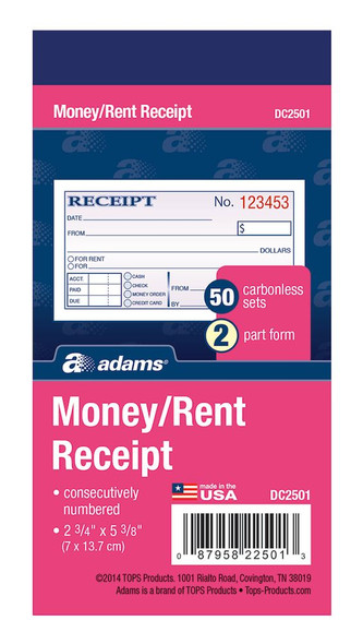 MONEY/RENT RECEIPT BOOK NCR 2PT 50 SET 2" X 5"