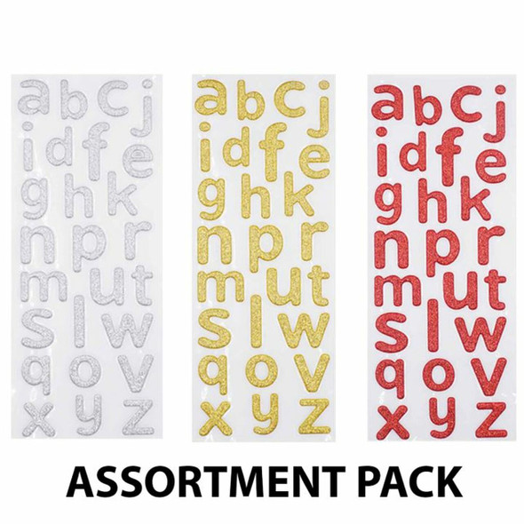 LOWER CASE ALPHABET GLITTER STICKER 3 COLORS 26 PC