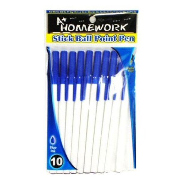 WHITE BARREL STICK PENS BLUE INK PQ.10