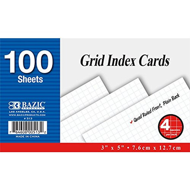 QUAD RULED 4-1" WHITE INDEX CARD 3" X 5" PQ.100