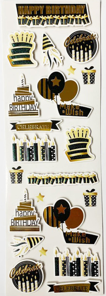 HAPPY BIRTHDAY 3D STICKER GOLD/BLACK 22 PC