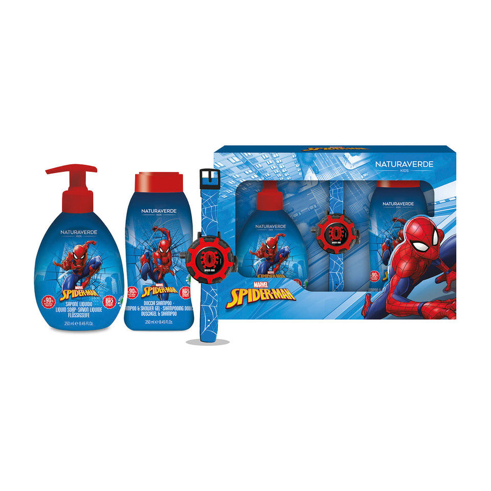 Spiderman Set Con Doccia Shampoo 250ml, Sapone Liquido 250ml Ed Orologio Proiettore