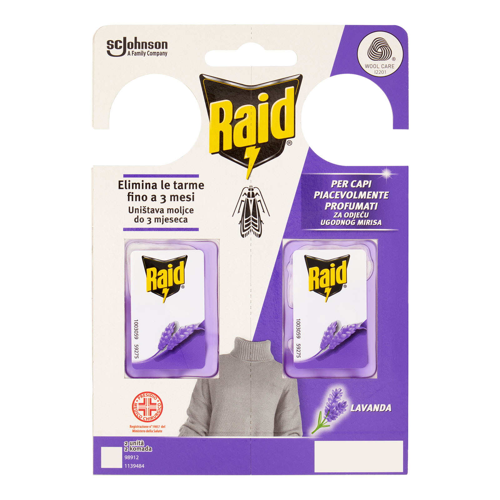 Raid Anti Tarme Gel Vestiti, Per Capi Piacevolmente Profumati, Fragranza Alla Lavanda, 2 X 3g 6 gr
