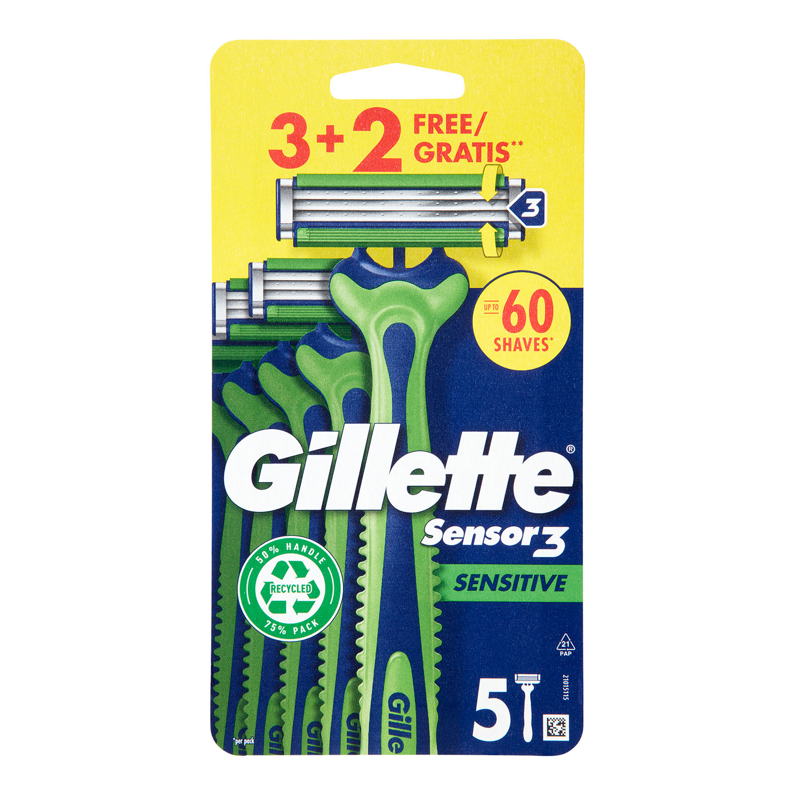 Gillette Sensor 3 Sensitive Rasoio Da Uomo Usa E Getta, 3 Rasoi + 2 Gratis