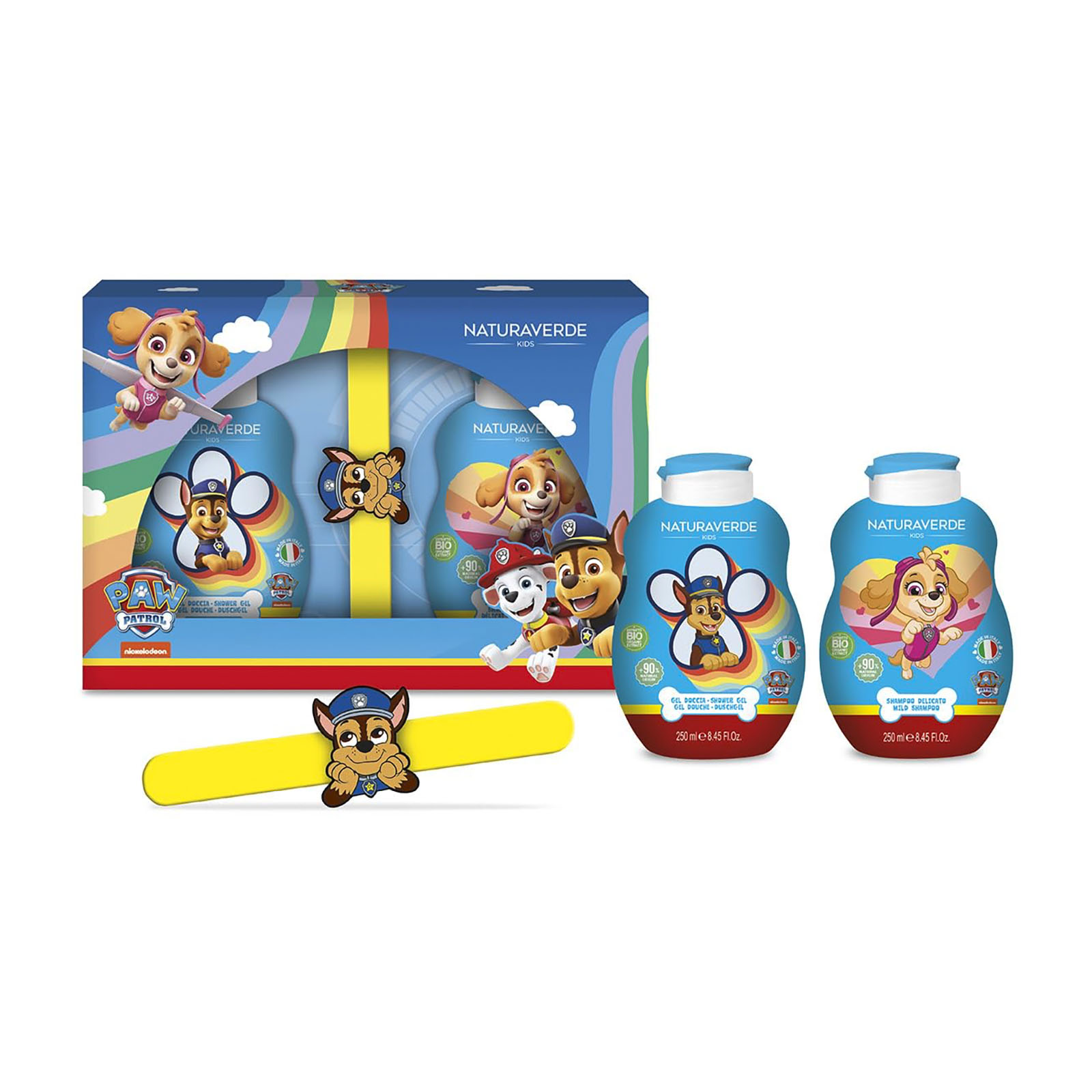 Set Paw Patrol Con Gel Doccia 250ml, Shampoo Delicato 250ml E Braccialetto Slap