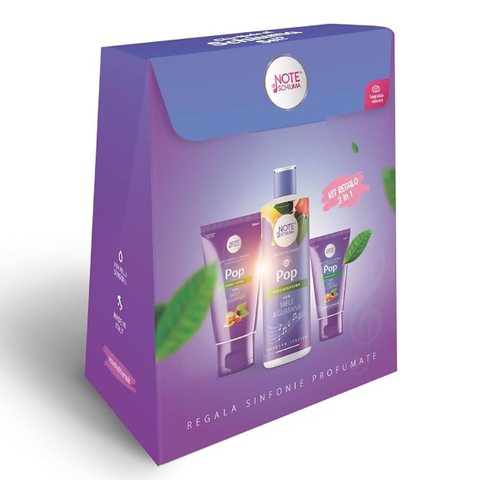 Note di schiuma Cofanetto Pop 3in1 Miele E Guaranà Con Docciaschiuma 400ml + Crema Corpo 200ml + Crema Mani 75 Ml