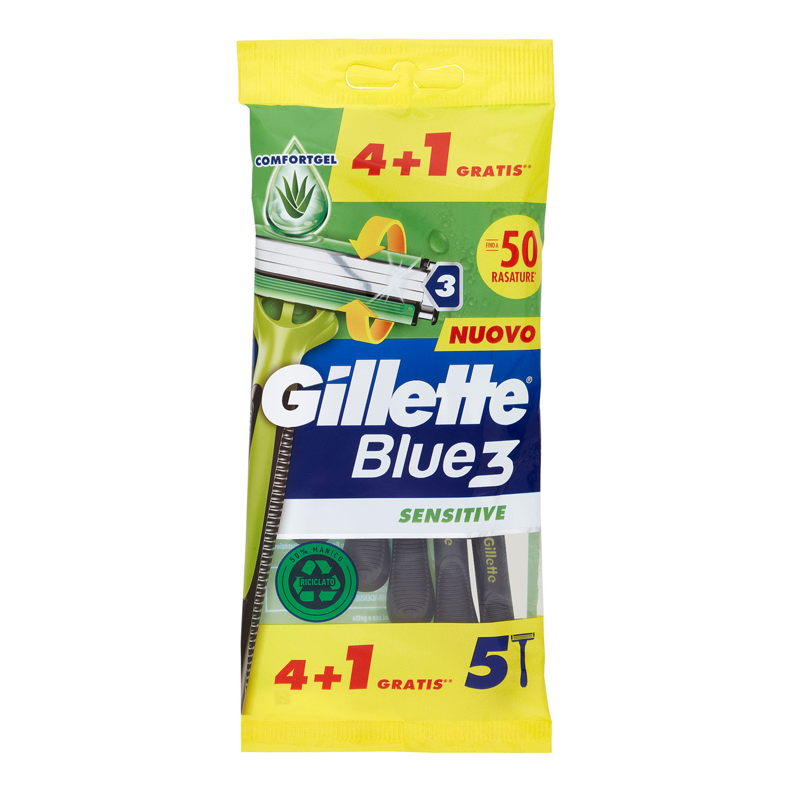 Gillette Rasoio Uomo Blue3 Sensitive Usa E Getta A 3 Lame, Confezione Da 4 Rasoi+1 Gratis