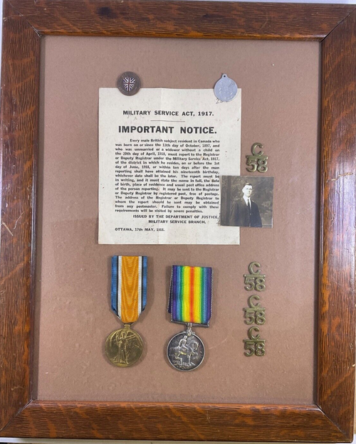 WW1 Canadian CEF 58th Battalion VOAKES Medal & Insignia Group Framed