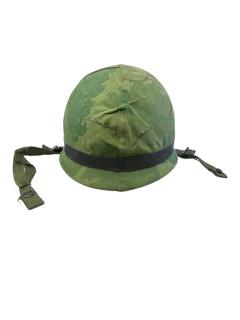 US Army M1 Rear Seam Swivel Bail Steel Helmet with Reversible Camouflage Cover 1967 and 72 Dated