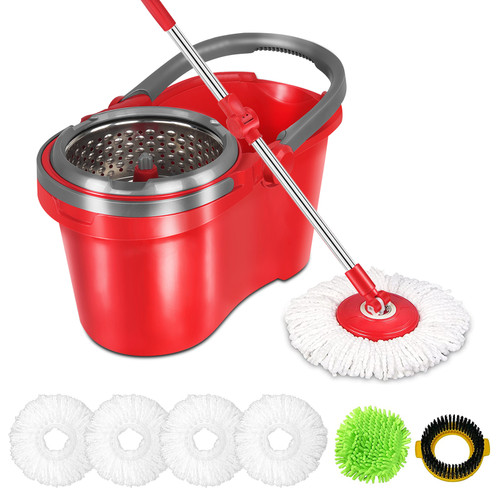 Spin Mop and Bucket with Wringer Set - for Home Kitchen Floor Cleaning - Wet/Dry Usage on Hardwood & Tile - Upgraded Self-Balanced Easy Press System with 2 Washable Microfiber Mops Heads