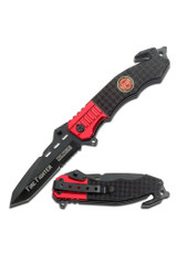 Tac-Force Spring Assisted Folding Knife 160-401, black and red tactical pocket knife with serrated blade and ergonomic handle.