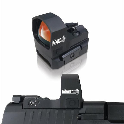 Echo Micro Dot Sight, compact black gaming or firearm sight with adjustable settings and reflective lens