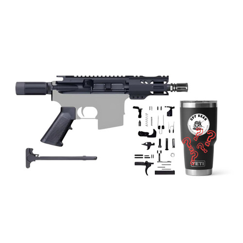 CPF Pistol Kit / 5" 5.56 Nato / 1:5 / Mystery Yeti Cup Bundle, disassembled pistol kit with accessories and a branded Yeti tumbler with question marks. CPF Pistol Kit / 5" 5.56 Nato / 1:5 / Mystery Yeti Cup Bundle, disassembled pistol kit with accessories and a branded Yeti tumbler with question marks.