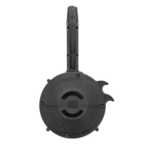 AR15-Glock 9mm 50-Round Drum Magazine 210-200, black drum magazine with a handle and feed lips for 9mm Glock pistols.