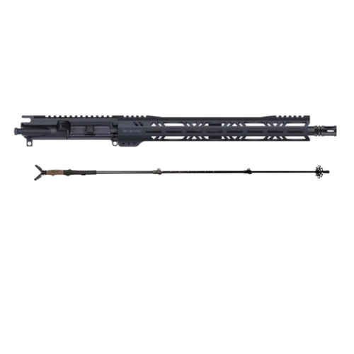 AR15 Upper Assembly / 18" 6.5 Grendel / 1:8 / M-Lock + Monopod Sure-Shot Shooting Stabilizer, black firearm upper with custom handguard and mounting rail, along with a scope support monopod for precision shooting. AR15 Upper Assembly / 18" 6.5 Grendel / 1:8 / M-Lock + Monopod Sure-Shot Shooting Stabilizer, black firearm upper with custom handguard and mounting rail, along with a scope support monopod for precision shooting.