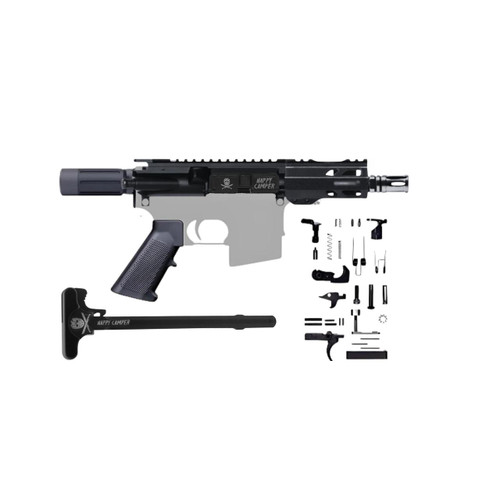 CPF Pistol Kit, 5-inch 5.56 Nato, 1:5, Happy Camper firearm component kit with disassembled parts, black and grey accessories.