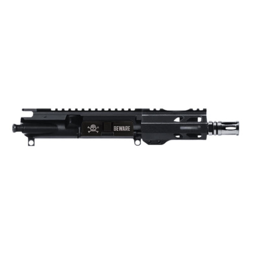 AR15 Pistol Upper Assembly, 5 inch 5.56 Nato barrel with 1:5 twist rate and warning labels.