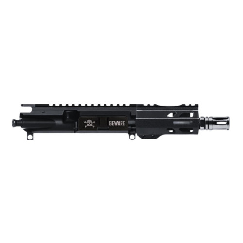 AR15 Pistol Upper Assembly / 5 inch 300 AAC / 1:5 / 160-820, black metal firearm upper receiver with warning label, skull logo, and warning switch.