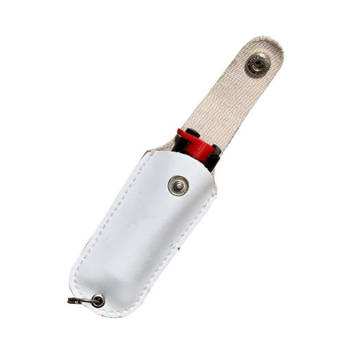 Keychain Pepper Spray .5 oz White, portable self-defense spray attached to a keychain in a white protective case.