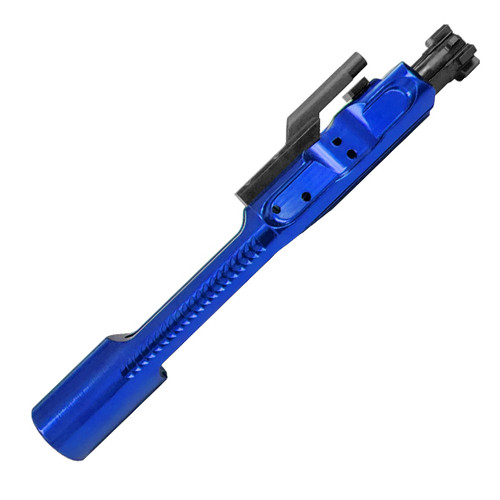 Bolt Carrier Group Anodized Carrier Blue/ 130-016, blue anodized firearm bolt carrier group with black upper portion and custom textured surface.