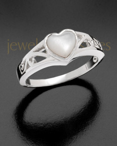 Ladies White Gold Mother Of Pearl Filigree Heart Ashes Ring