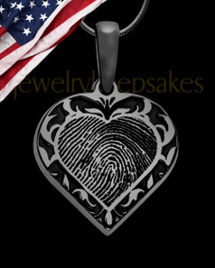 Black Plated Sterling Fancy Filigree Heart Thumbprint With Signature Pendant