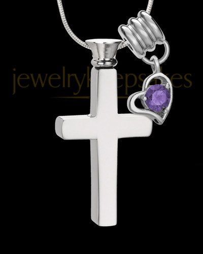 Stainless Cremains Locket February Memorable Cross - Eternity Collection