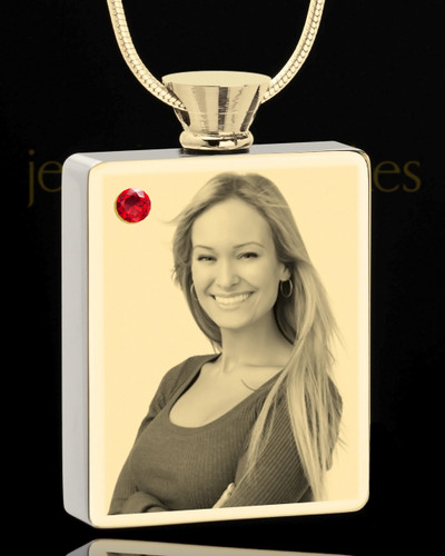 Photo Engraved July Gold Plated Rectangle Cremation Pendant