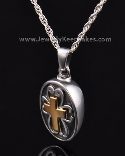 Cremains Locket Cross with Oval in Sterling Silver