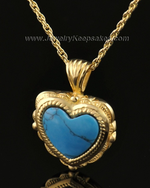 Cremation Heart 14k Gold Turquoise Pendant