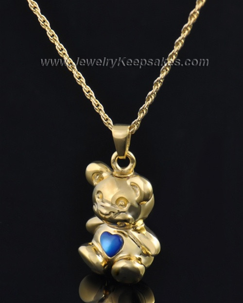 Gold Plated Happy Bear with Blue Heart Cremation Pendant