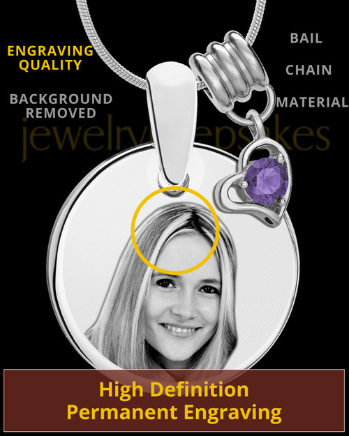 February Photo Engraved Round Pendant Stainless Steel