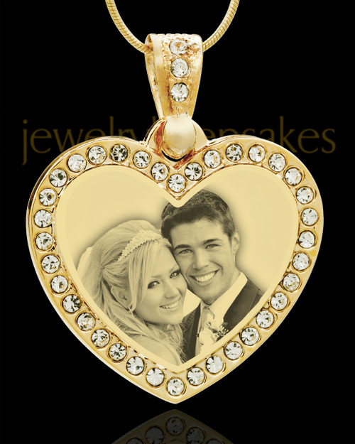 Gold-Plated over Stainless Photo Engraved Heart Pendant With Gemstones