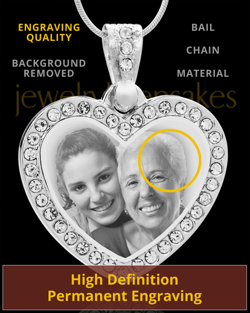 Photo Engraved Gem Heart Pendant Stainless Steel