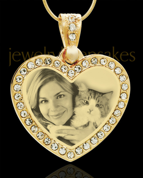 Photo Engraved Gem Heart Pet Pendant Gold Plated over Stainless