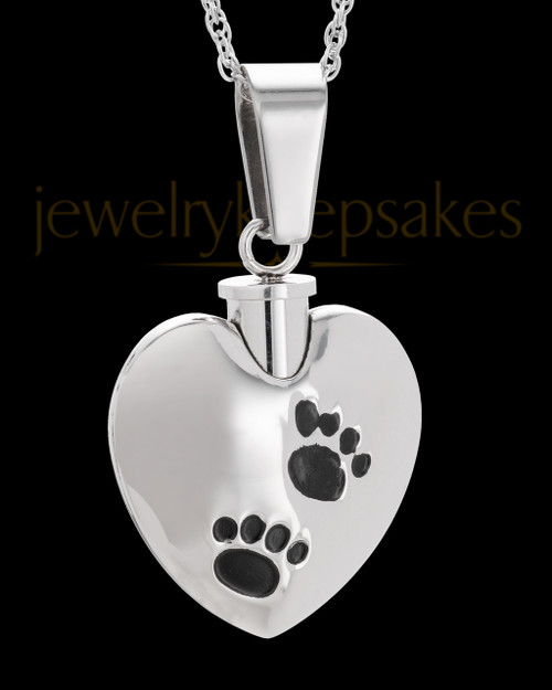 Pet Necklace Urn Stainless Steel and Black Little Paws Heart