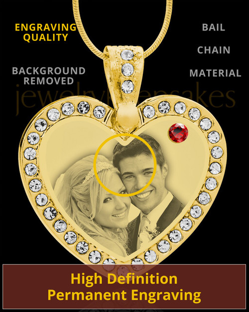 January Gold Gem Heart Birthstone Photo Engraved Pendant
