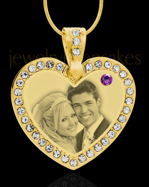 February Gold Gem Heart Birthstone Photo Engraved Pendant
