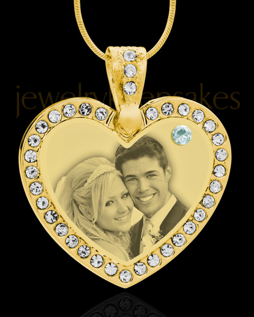 April Gold Gem Heart Birthstone Photo Engraved Pendant