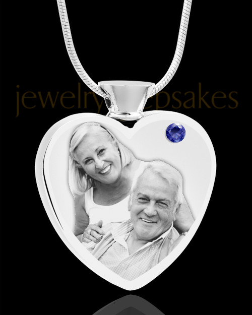 September Stainless Steel Photo Engraved Heart Cremation Pendant