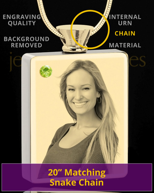 Photo Engraved August Gold Plated Rectangle Cremation Pendant