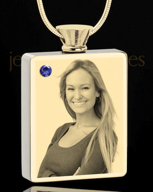 Photo Engraved September Gold Plated Rectangle Cremation Pendant