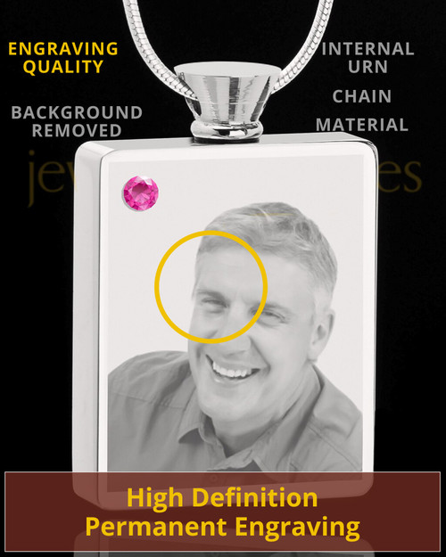 October Stainless Steel Photo Engraved Rectangle Cremation Pendant